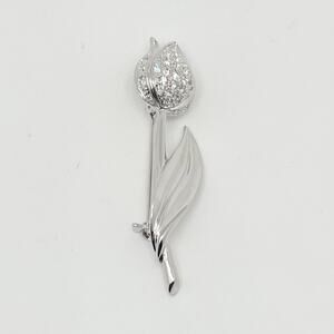 Vintage Silver Tone Rhinestone Tulip Flower Brooch Pin